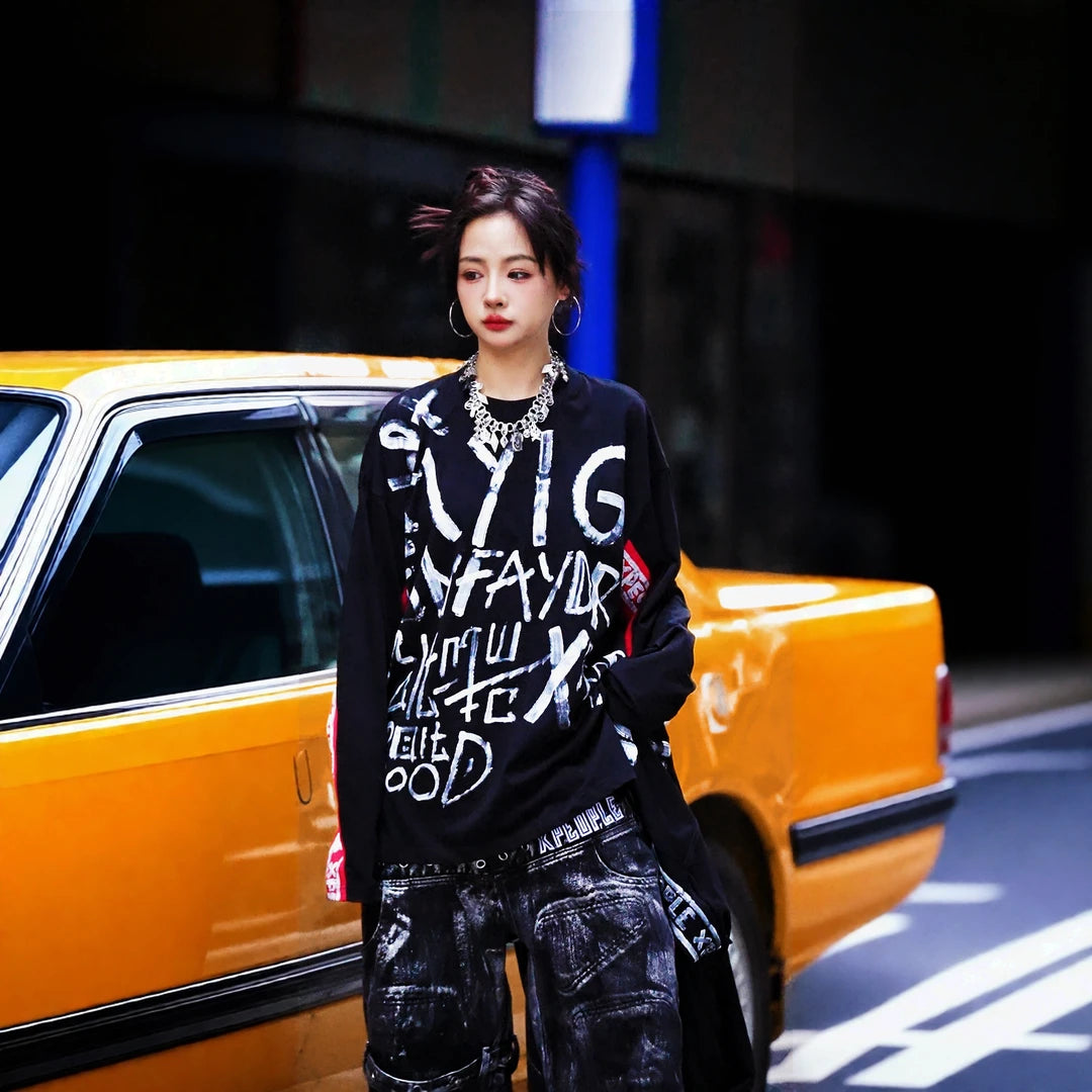 Sanhoostudio short sleeve T-shirt featuring hand-painted graphic artwork, contrast patchwork detailing, and a relaxed oversized silhouette. Designed for expressive streetwear styling with breathable everyday comfort, bold visual texture, and versatile urban appeal.