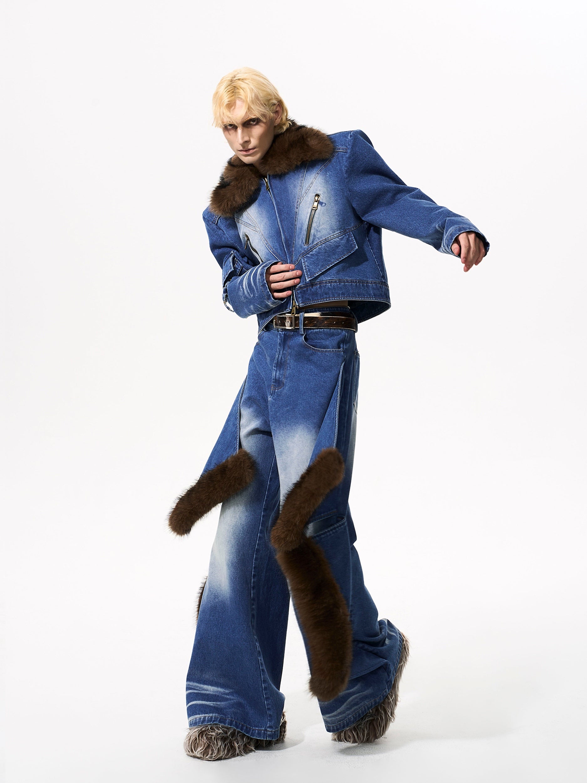 Vintage Faux Fur Patchwork Denim Pants Set