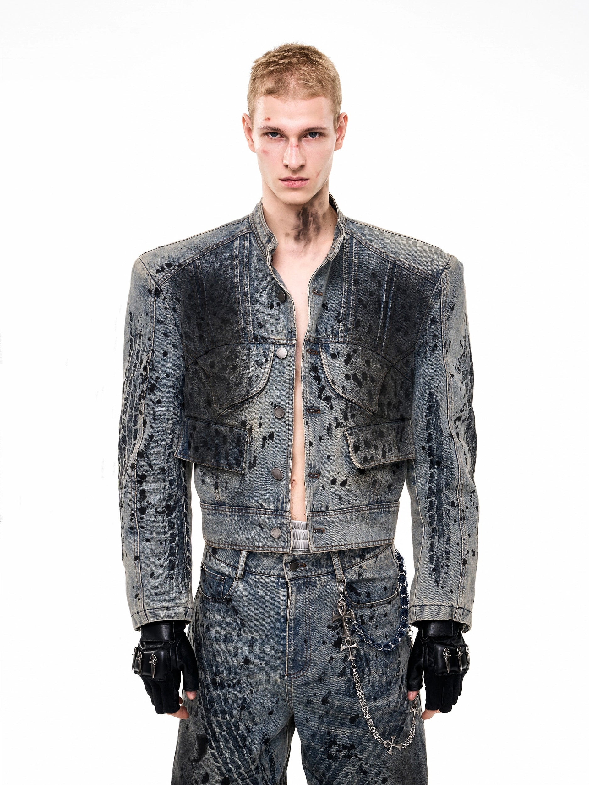Washed Tire Print Padded Denim Jacket Set
