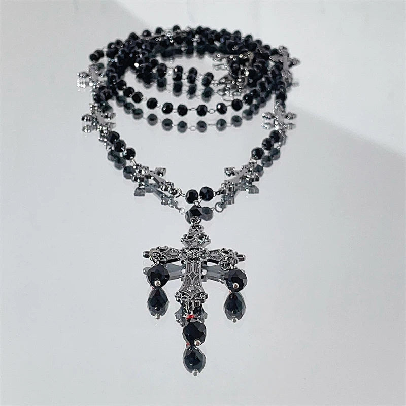Gothic Black Cross Beaded Long Necklace