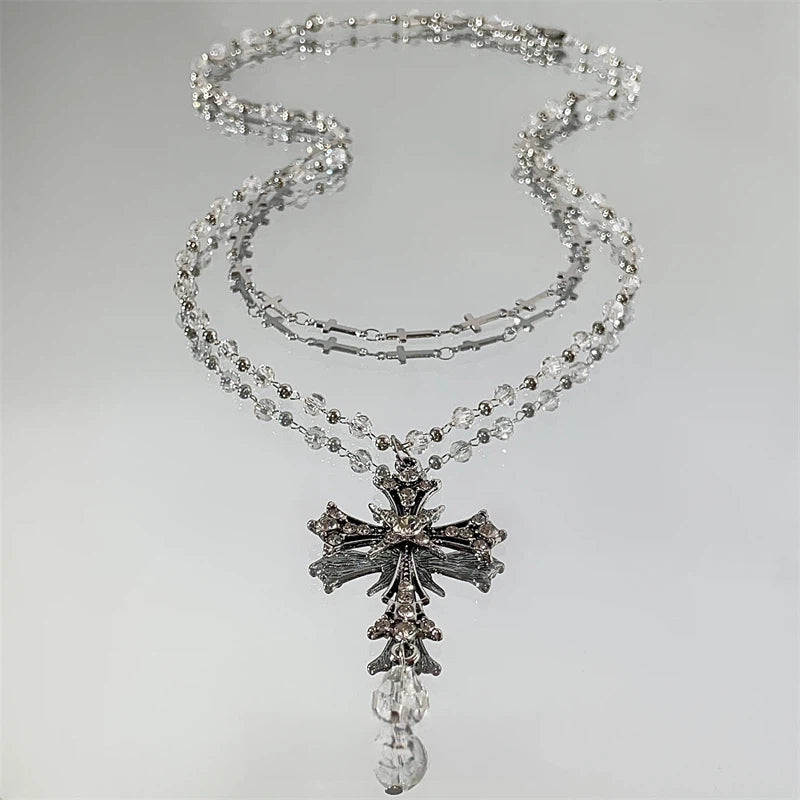 Y2K Crystal Beaded Cross Layered Necklace