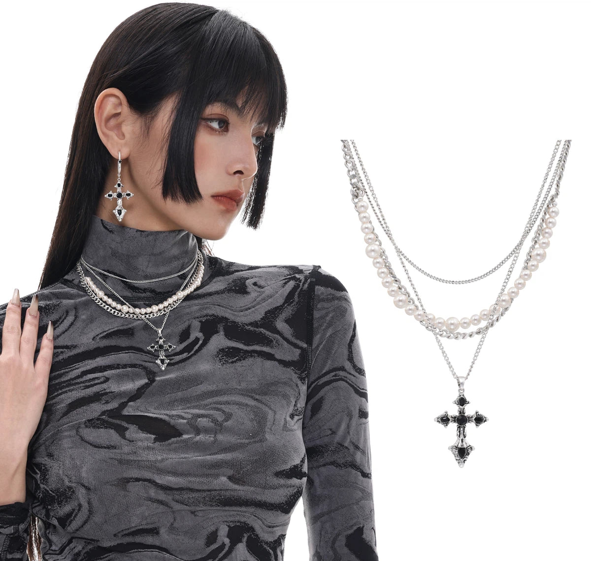 Baroque Pearl Cross Layered Necklace