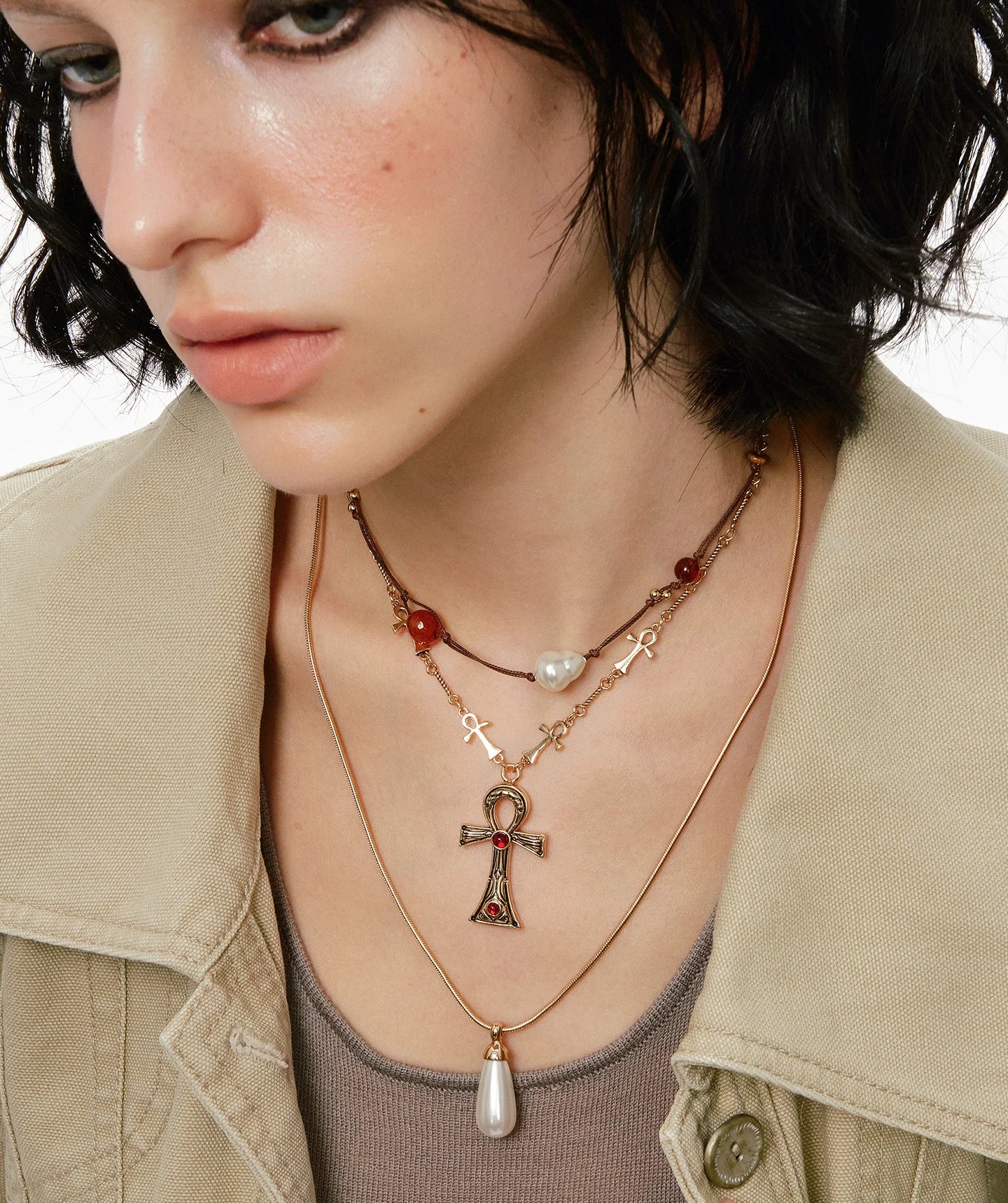 Layered Ankh Cross Necklace