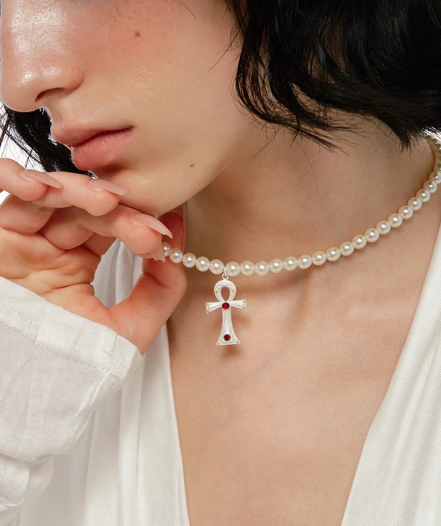 Ankh Cross Pearl Necklace