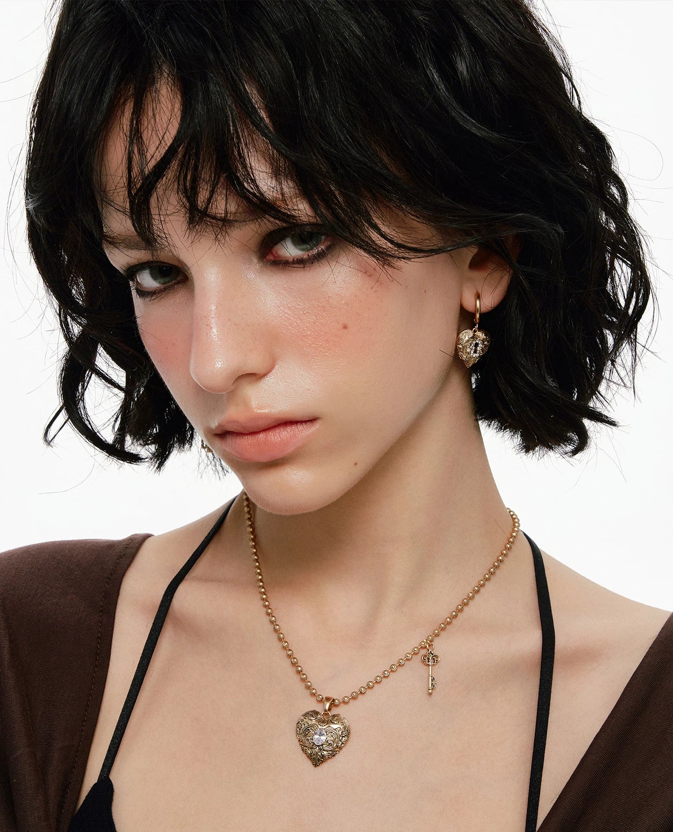 Asymmetric Key and Heart Earrings