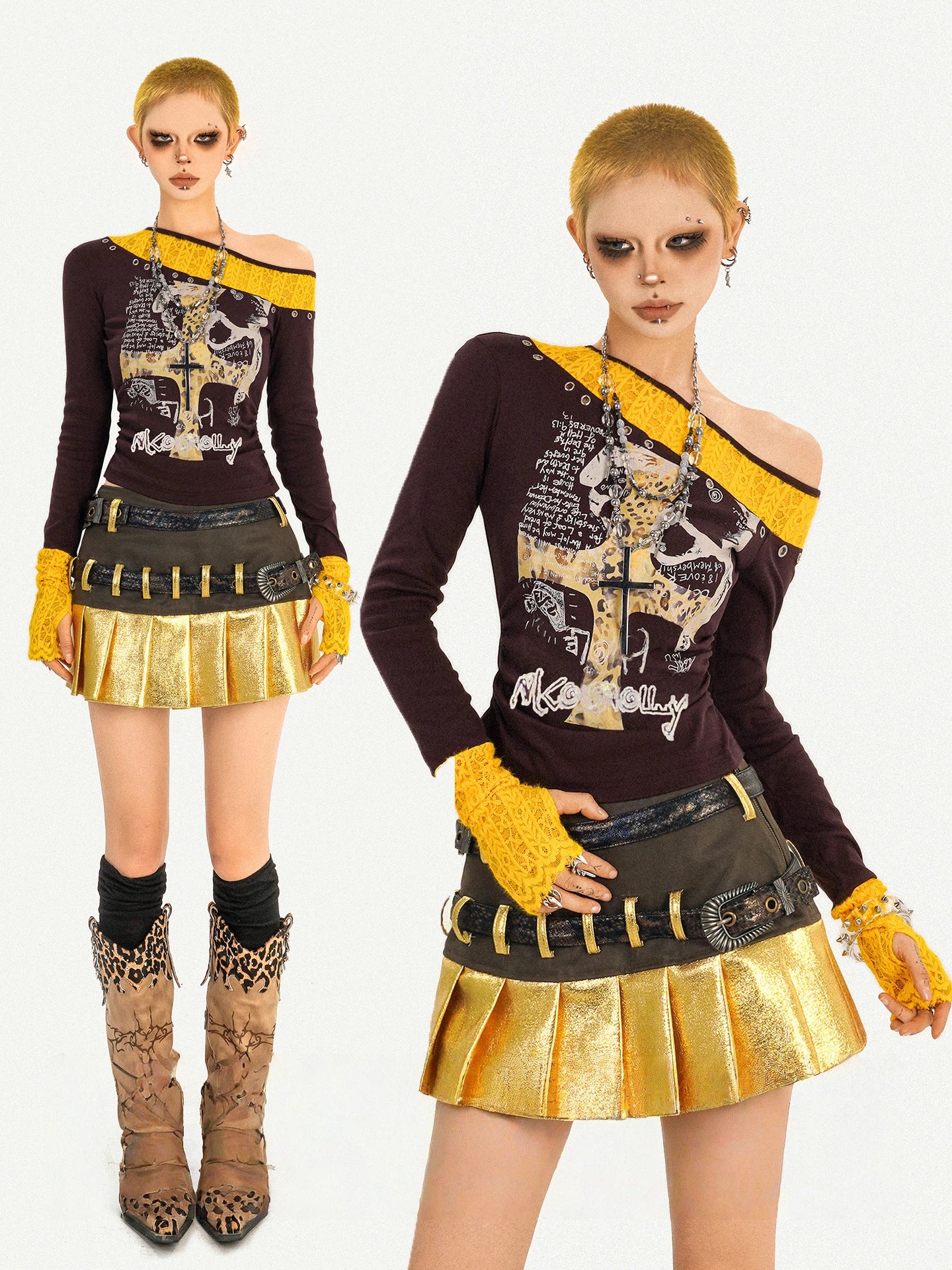 Vintage Lace Patchwork Long-Sleeve Y2K Slim Top Set