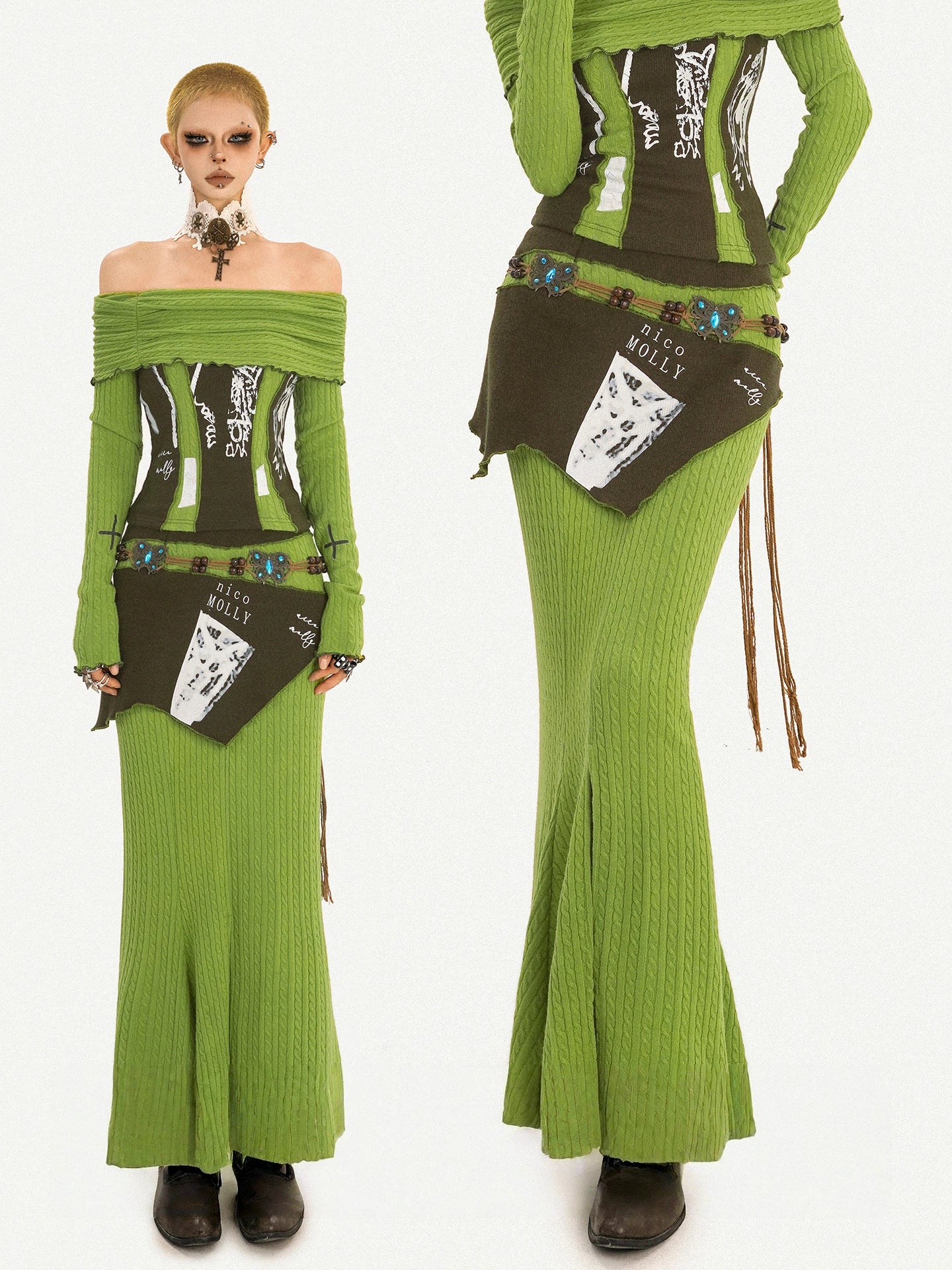 Avant-Garde Olive Off-Shoulder Fitted Split Long Dress Two-Piece Set