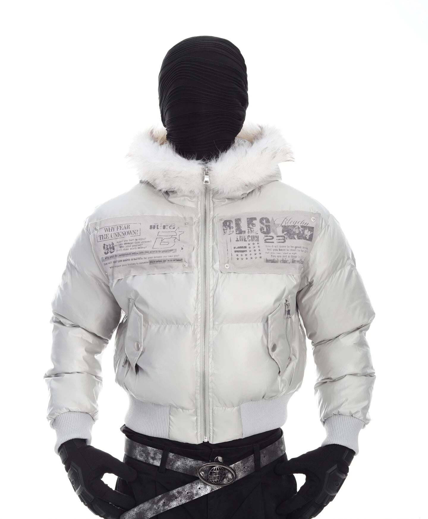 Patchwork Hooded Short Puffer Jacket with Faux Fur Collar