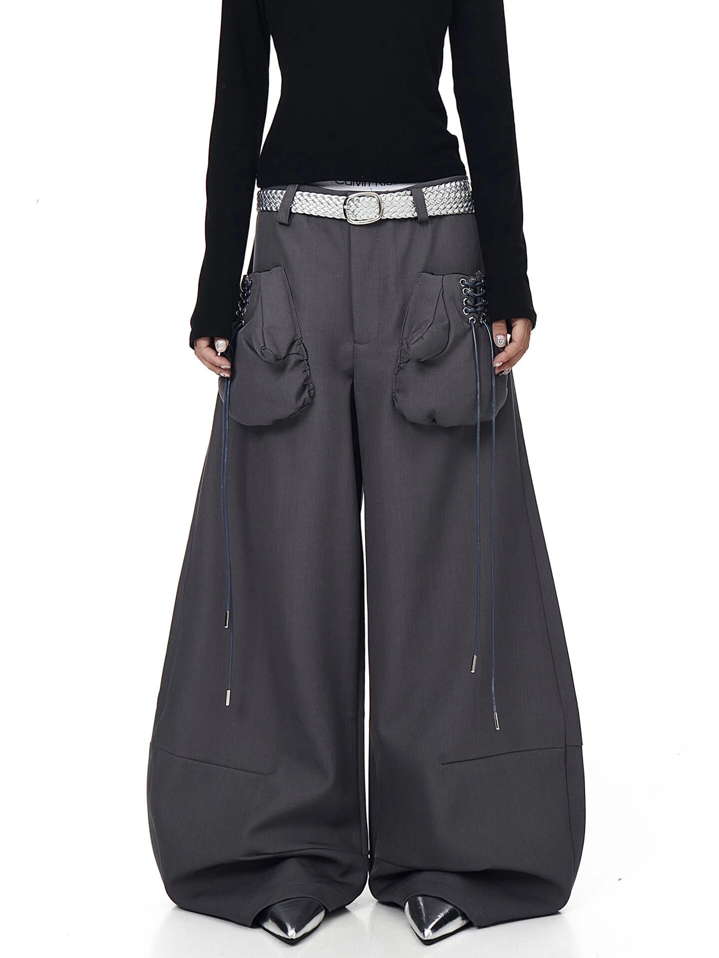 Gray 3D Boxing Glove Wide-Leg Denim Pants with Street Style