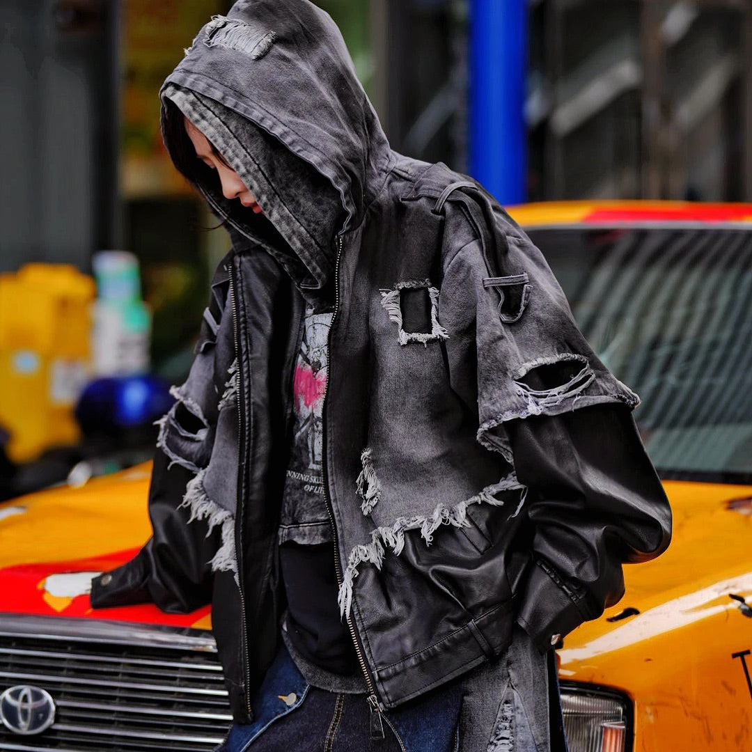 Graffiti Leather Patchwork Hand-Dyed Jacket