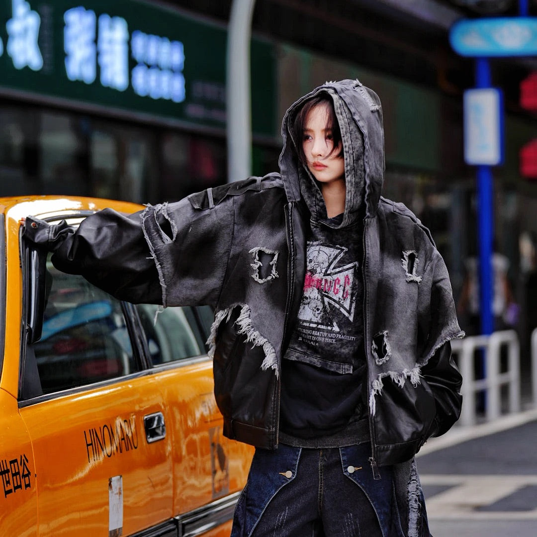 Graffiti Leather Patchwork Hand-Dyed Jacket