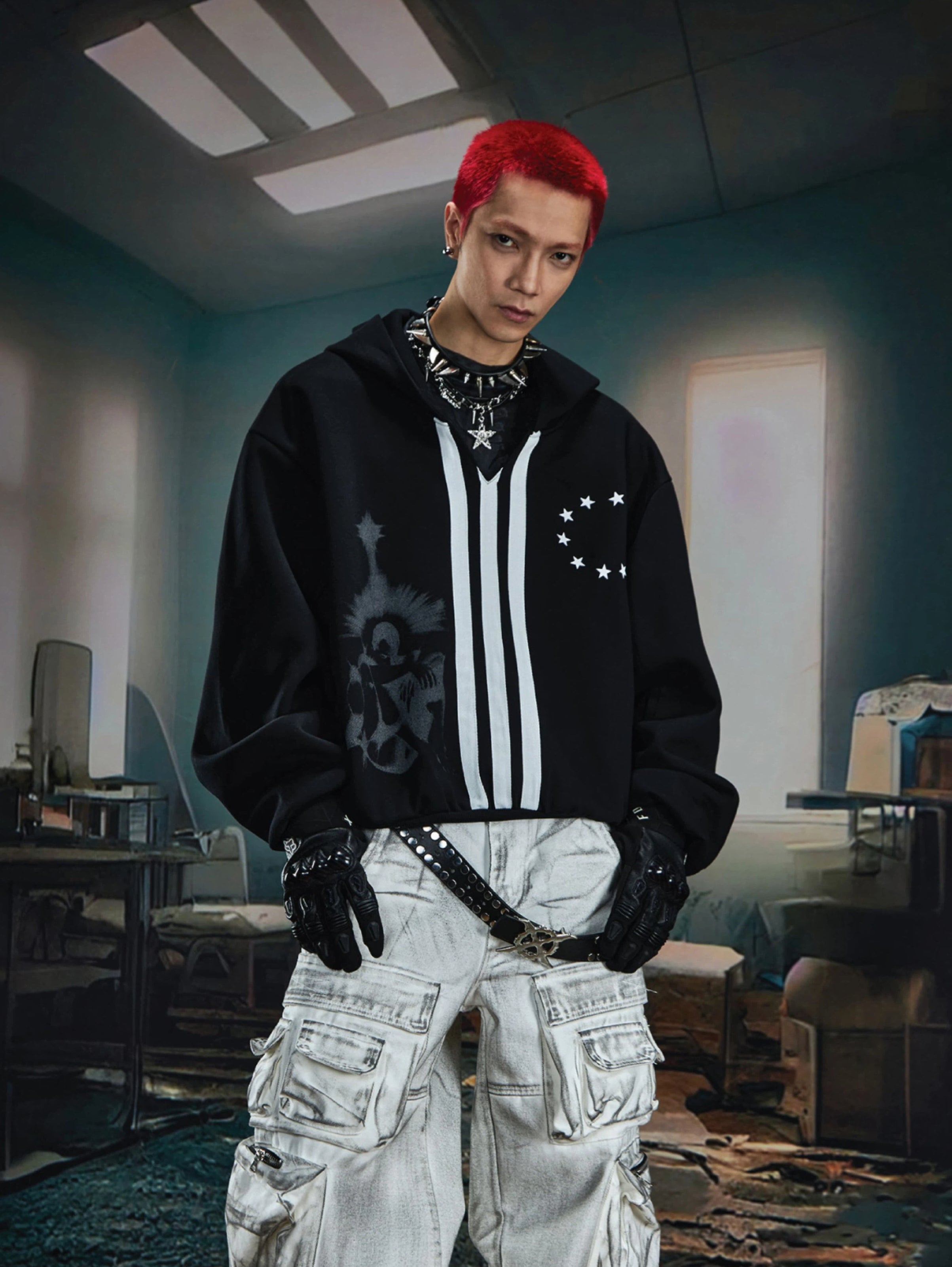 Triple-Stripe Oversized Hooded Sweatshirt