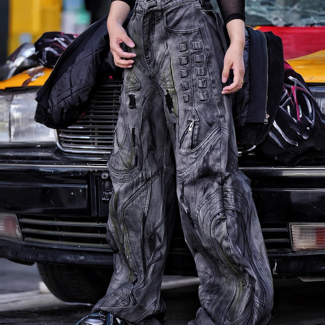 Heavy-Stitch Washed Graffiti Hand-Painted Patchwork Jeans (Pre-order, Ships Within 20 Days)