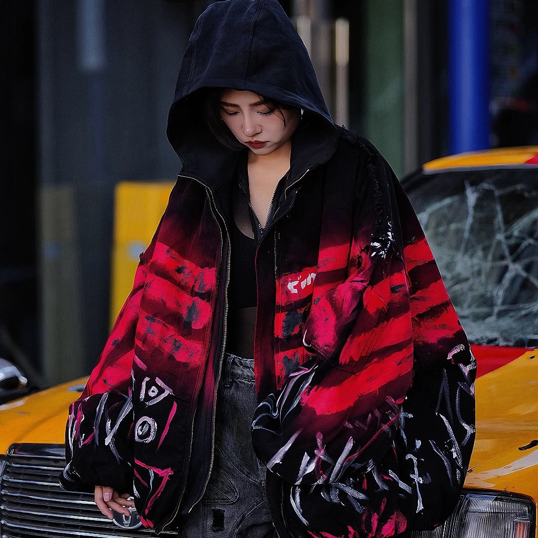 Heavy-Stitch Washed Graffiti Patchwork Denim Jacket (Pre-order, Ships Within 20 Days)