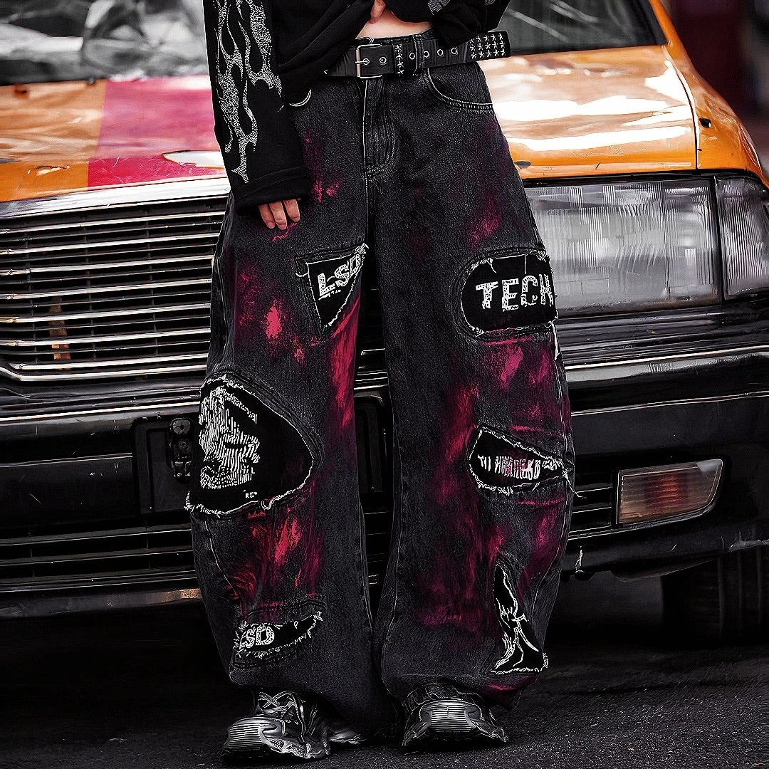 Fleece-Lined Heavy Embroidered Washed Graffiti Patchwork Jeans