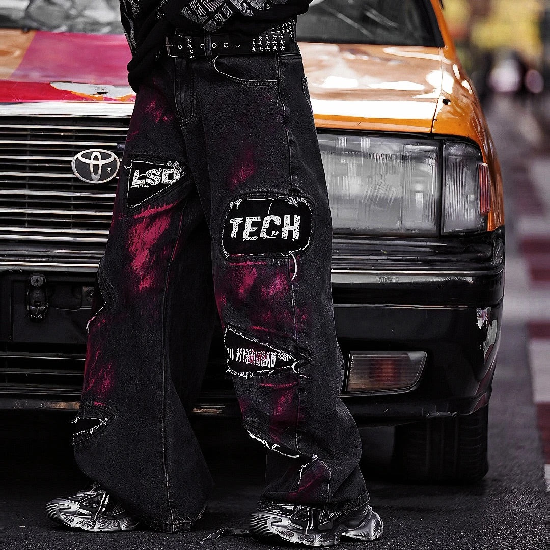 Fleece-Lined Heavy Embroidered Washed Graffiti Patchwork Jeans