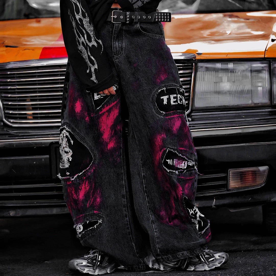 Fleece-Lined Heavy Embroidered Washed Graffiti Patchwork Jeans