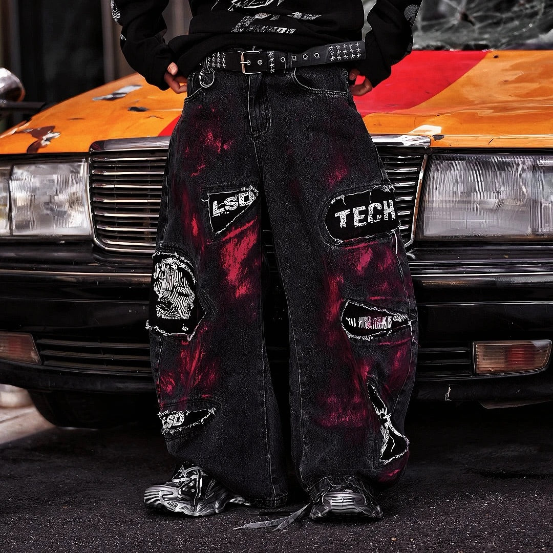Fleece-Lined Heavy Embroidered Washed Graffiti Patchwork Jeans