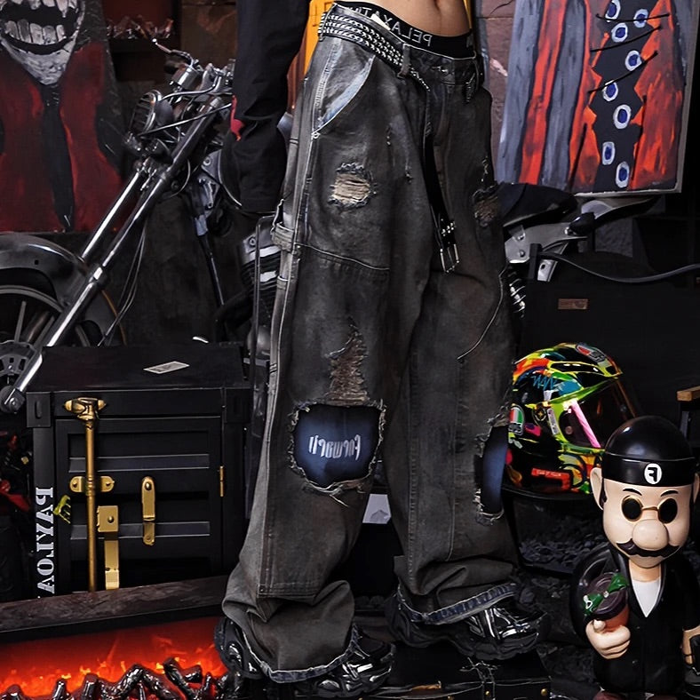 Heavy Embroidered Washed Distressed Graffiti Hand-Painted Jeans