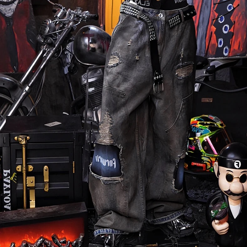 Heavy Embroidered Washed Distressed Graffiti Hand-Painted Jeans