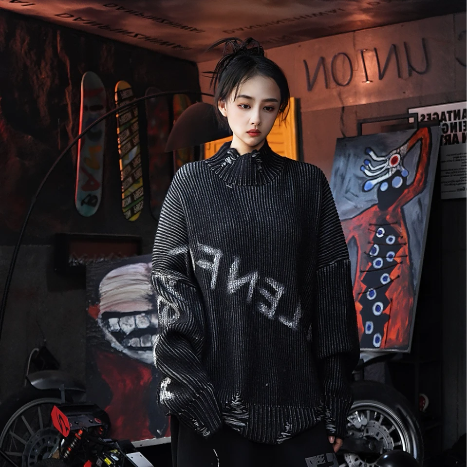 High-Neck Distressed Graffiti Heavy-Knit Destroyed Sweater
