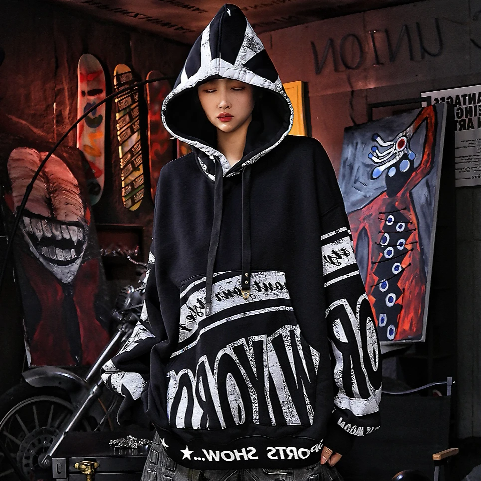 Oversized Hood Fleece Graffiti Mud-Dyed Washed Black Jacket
