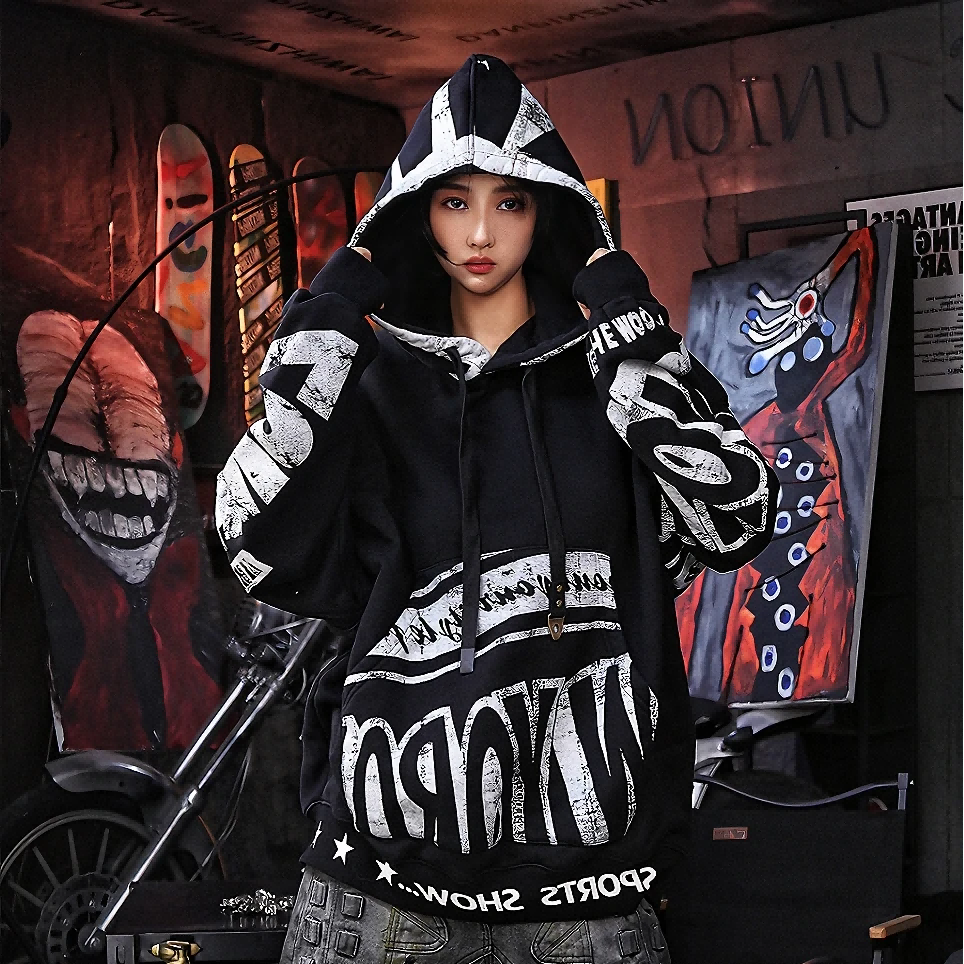 Oversized Hood Fleece Graffiti Mud-Dyed Washed Black Jacket