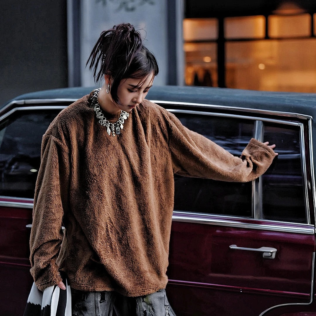 Mink-Fleece Crewneck Relaxed Solid Knit Sweater