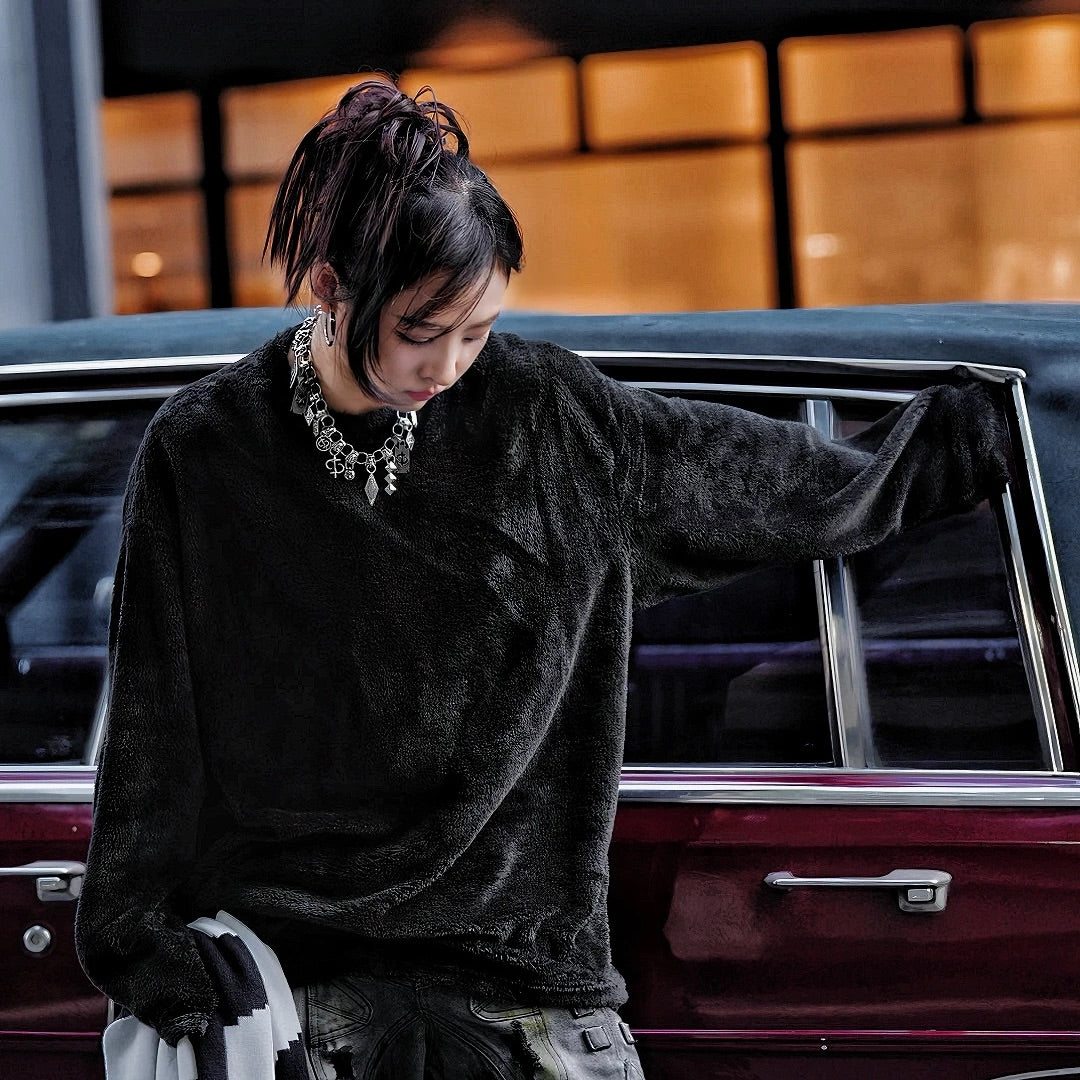 Mink-Fleece Crewneck Relaxed Solid Knit Sweater