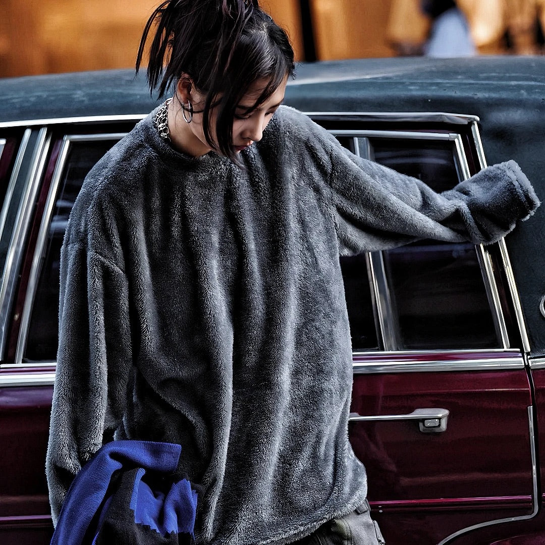 Mink-Fleece Crewneck Relaxed Solid Knit Sweater