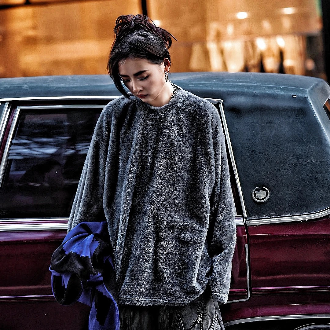 Mink-Fleece Crewneck Relaxed Solid Knit Sweater