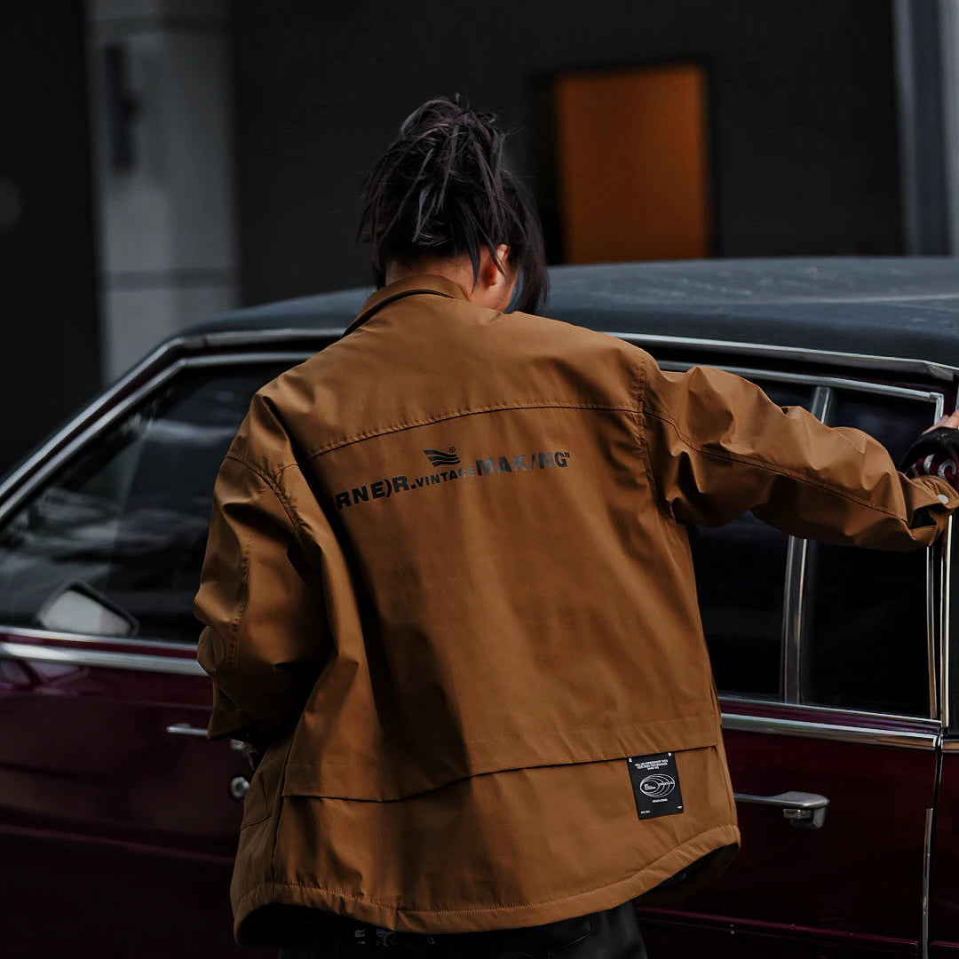 Sanhoostudio long sleeve workwear shirt jacket with clean structure and relaxed silhouette. Designed as a unisex layering piece for spring and fall streetwear.