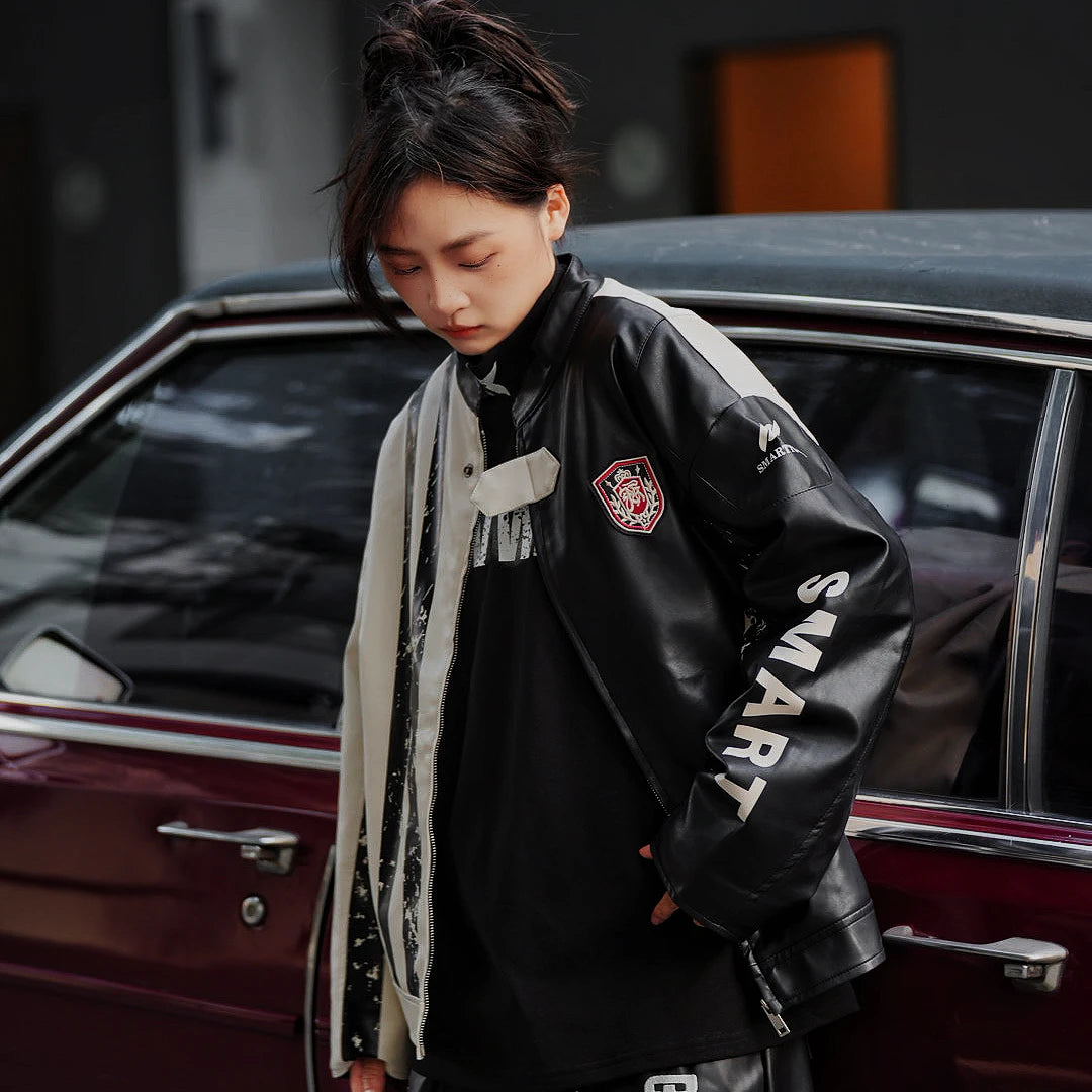 Sanhoostudio hooded leather jacket featuring distressed texture, colorblock panels, and utility pockets. Built for winter streetwear with bold high-street attitude.