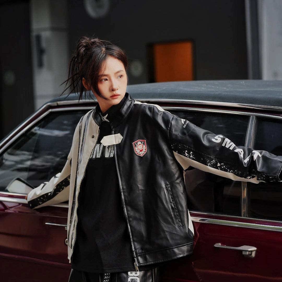 Sanhoostudio hooded leather jacket featuring distressed texture, colorblock panels, and utility pockets. Built for winter streetwear with bold high-street attitude.