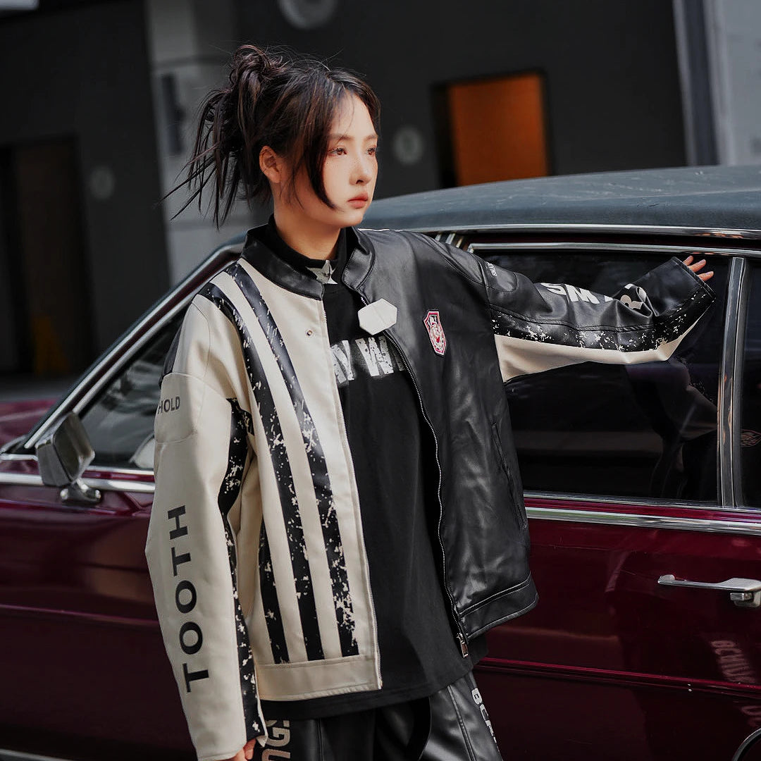 Sanhoostudio hooded leather jacket featuring distressed texture, colorblock panels, and utility pockets. Built for winter streetwear with bold high-street attitude.