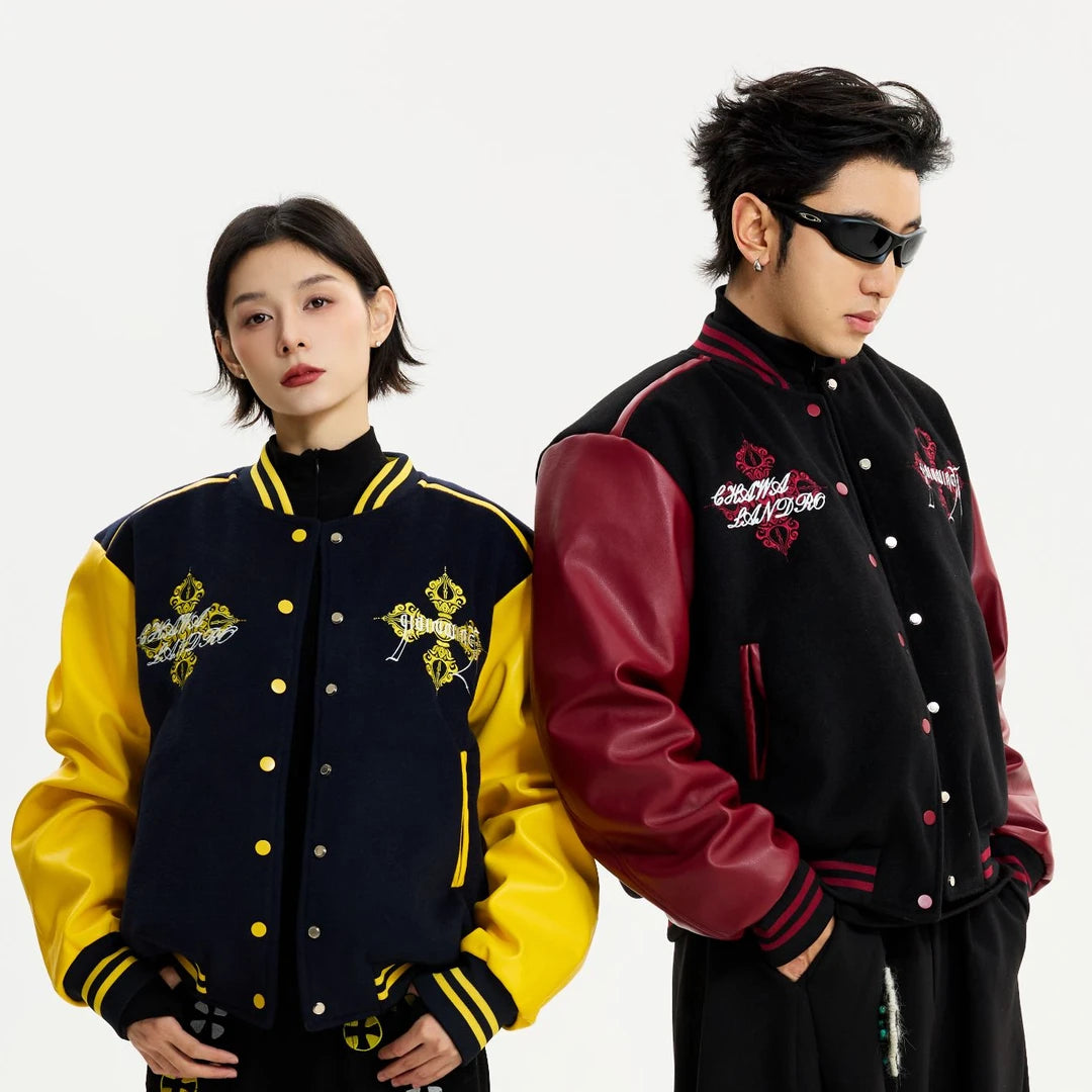 Sanhoostudio embroidered varsity jacket featuring a clean base design with heavyweight construction. A relaxed unisex streetwear essential for winter layering and daily wear.