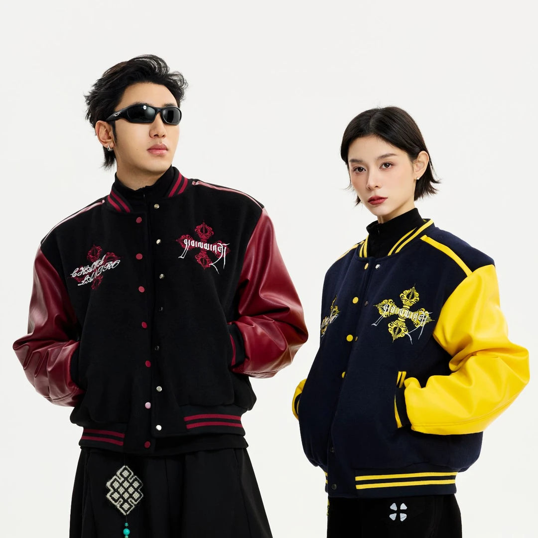 Sanhoostudio embroidered varsity jacket featuring a clean base design with heavyweight construction. A relaxed unisex streetwear essential for winter layering and daily wear.