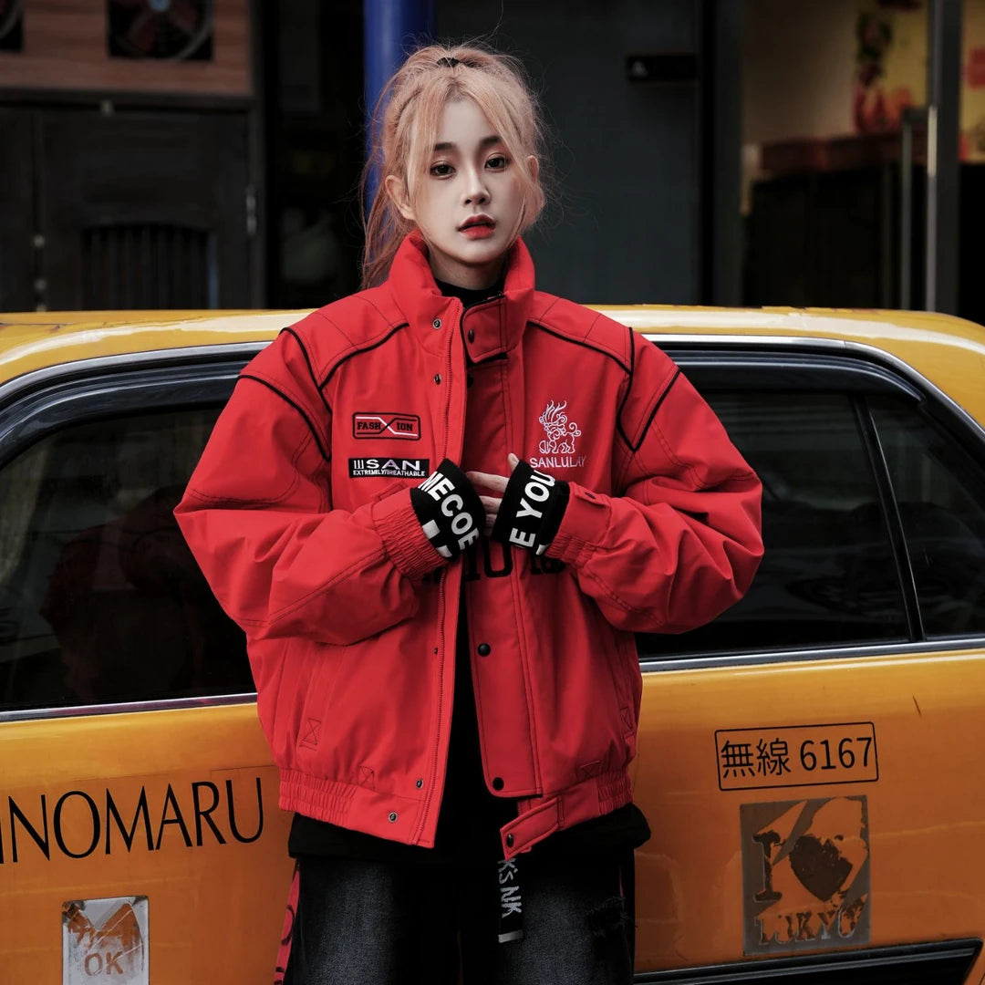 Sanhoostudio down jacket featuring letter embroidery, colorblock design, and white duck down filling. A loose-fit streetwear jacket inspired by biker style for winter wear.