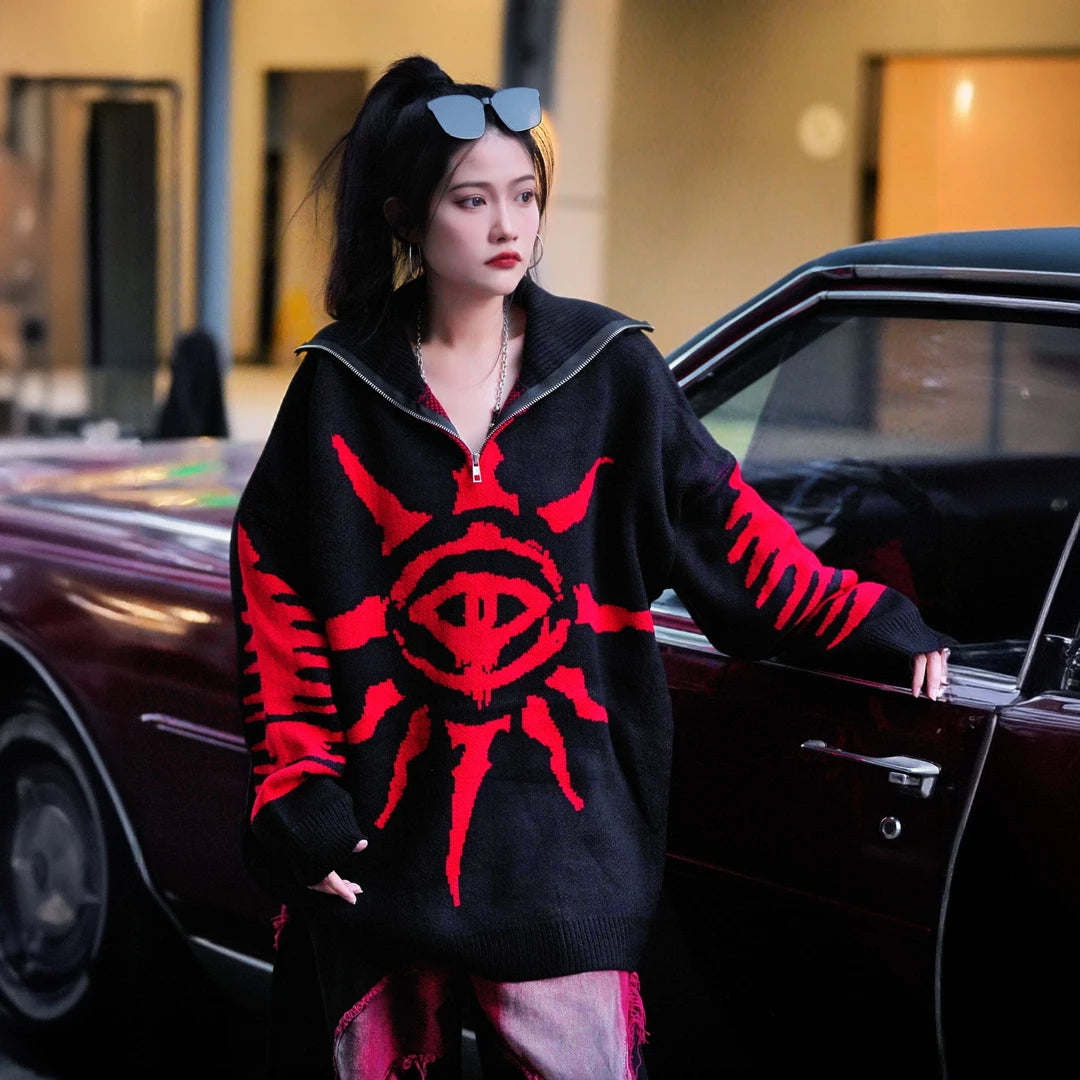 Sanhoostudio high neck knit sweater featuring distressed graffiti artwork and a bold high street aesthetic. Designed for standout fall and winter styling.