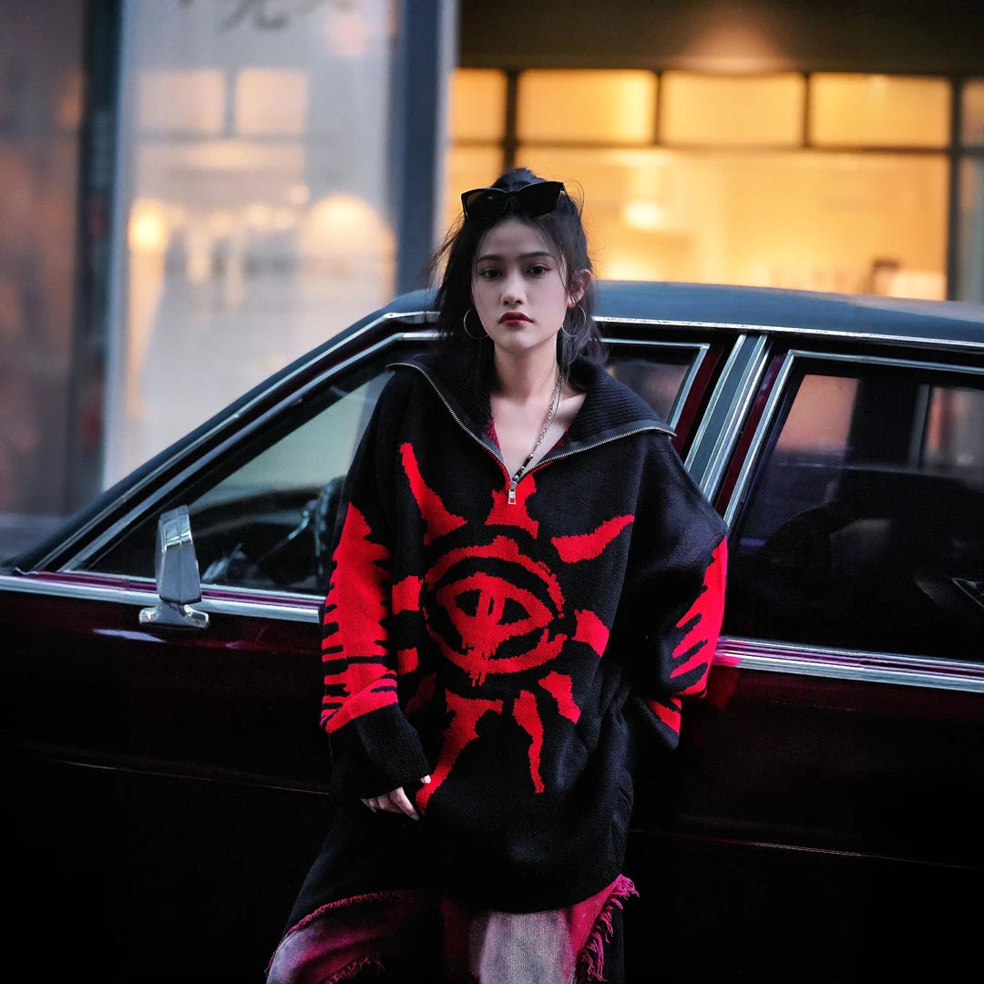 Sanhoostudio high neck knit sweater featuring distressed graffiti artwork and a bold high street aesthetic. Designed for standout fall and winter styling.