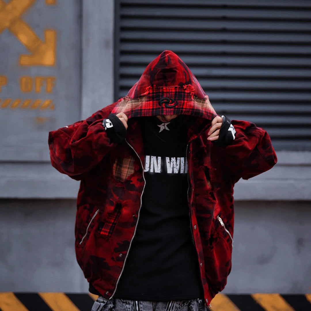 Sanhoostudio heavyweight denim jacket featuring embroidery, graffiti artwork, and washed distressed finish. Designed with patchwork details and a relaxed unisex streetwear silhouette.