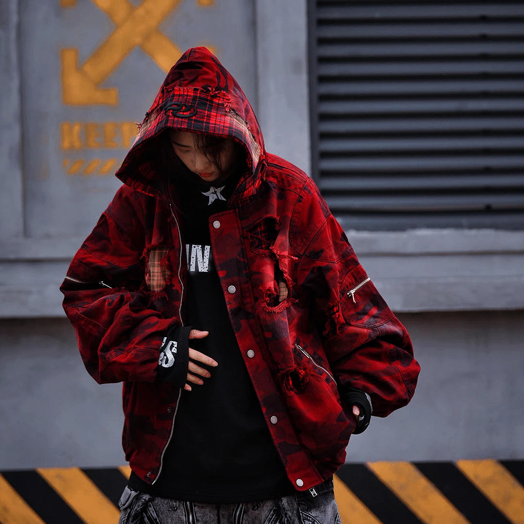 Sanhoostudio heavyweight denim jacket featuring embroidery, graffiti artwork, and washed distressed finish. Designed with patchwork details and a relaxed unisex streetwear silhouette.