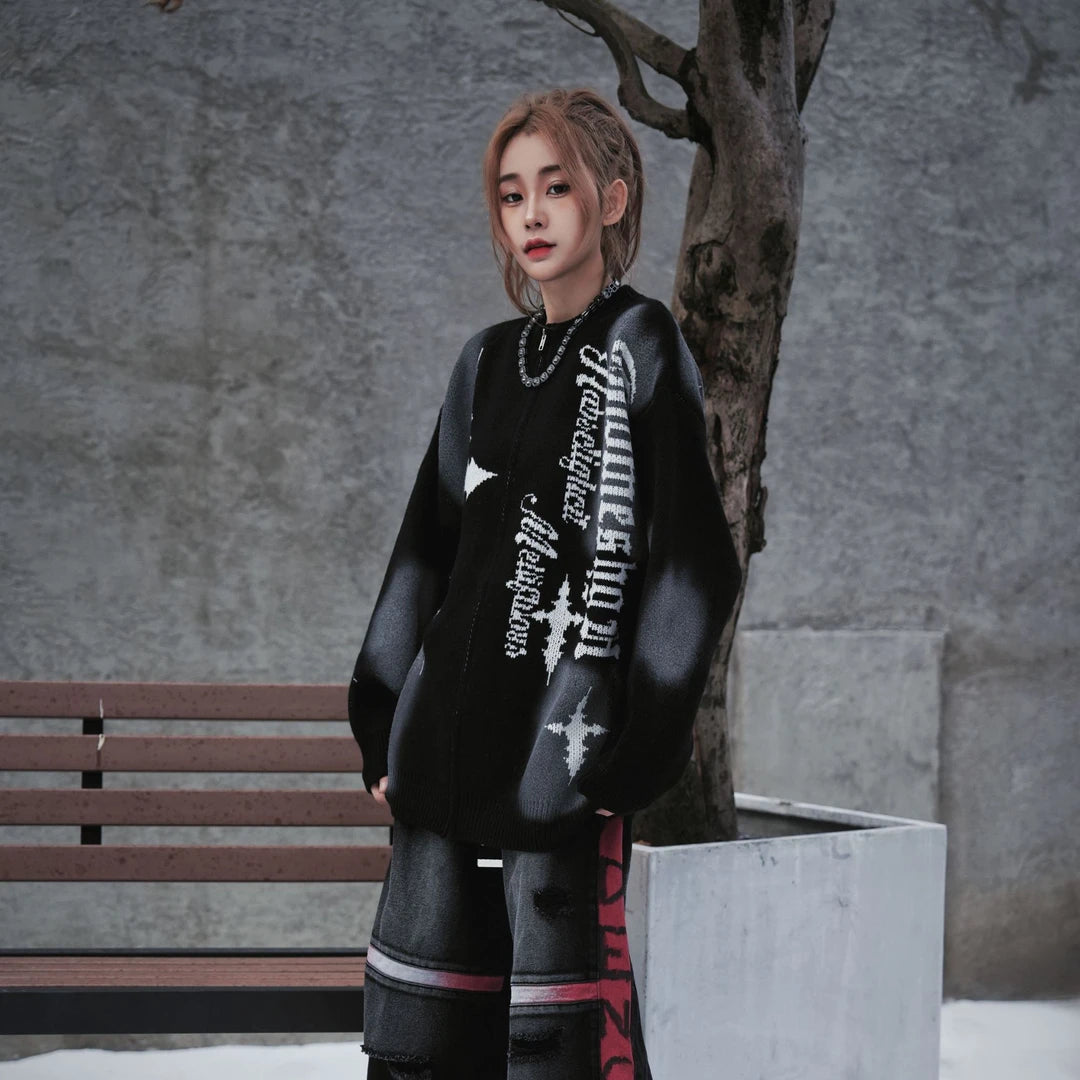 Sanhoostudio knit cardigan inspired by American vintage and high street hip-hop style. Designed with a relaxed, lazy-fit silhouette for fall and winter streetwear layering.