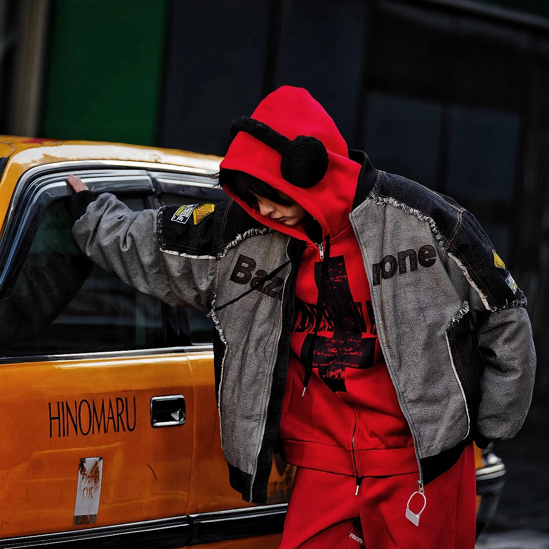 Sanhoostudio fleece hooded down jacket designed with a workwear-inspired silhouette. Built for winter warmth with a loose American streetwear fit.