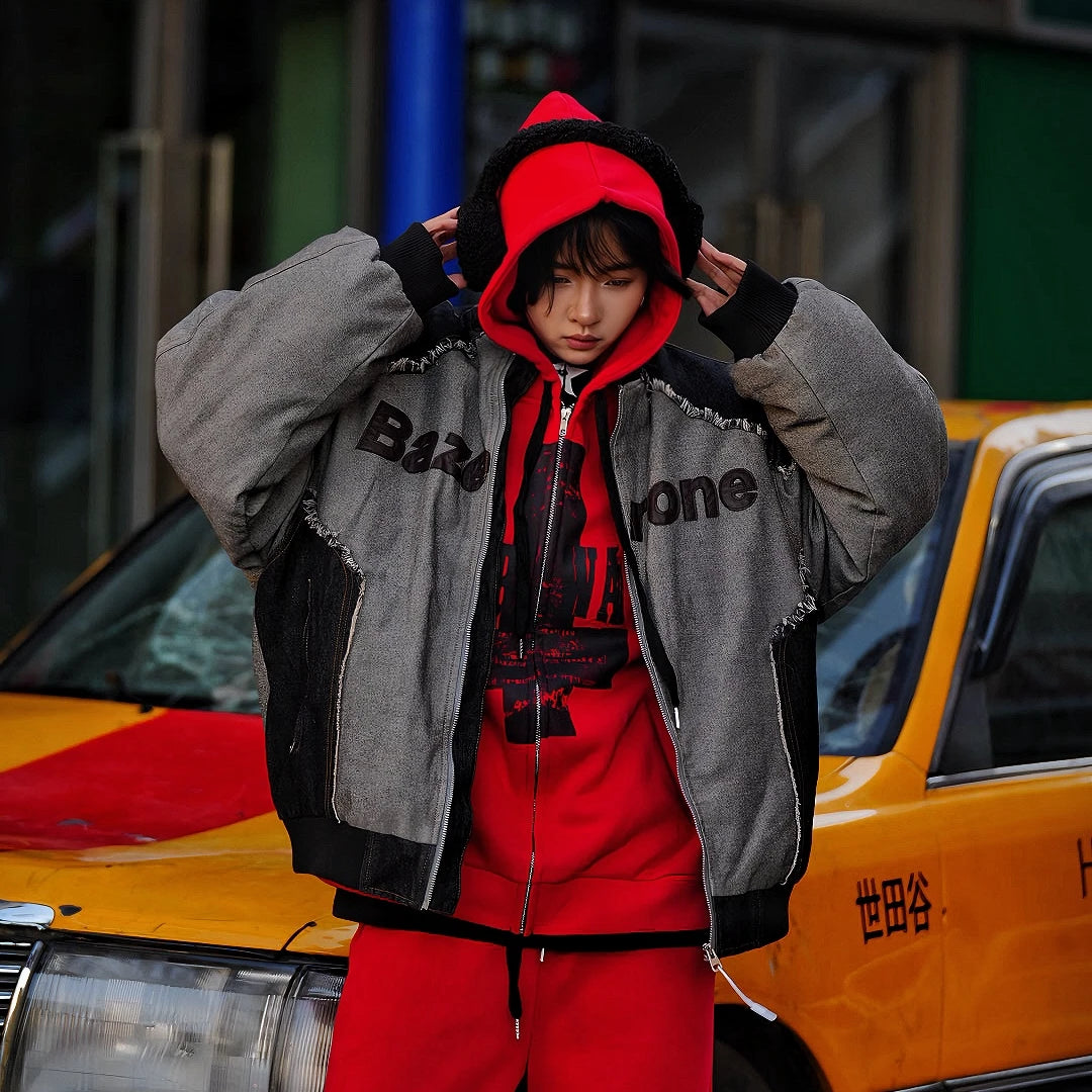 Sanhoostudio fleece hooded down jacket designed with a workwear-inspired silhouette. Built for winter warmth with a loose American streetwear fit.