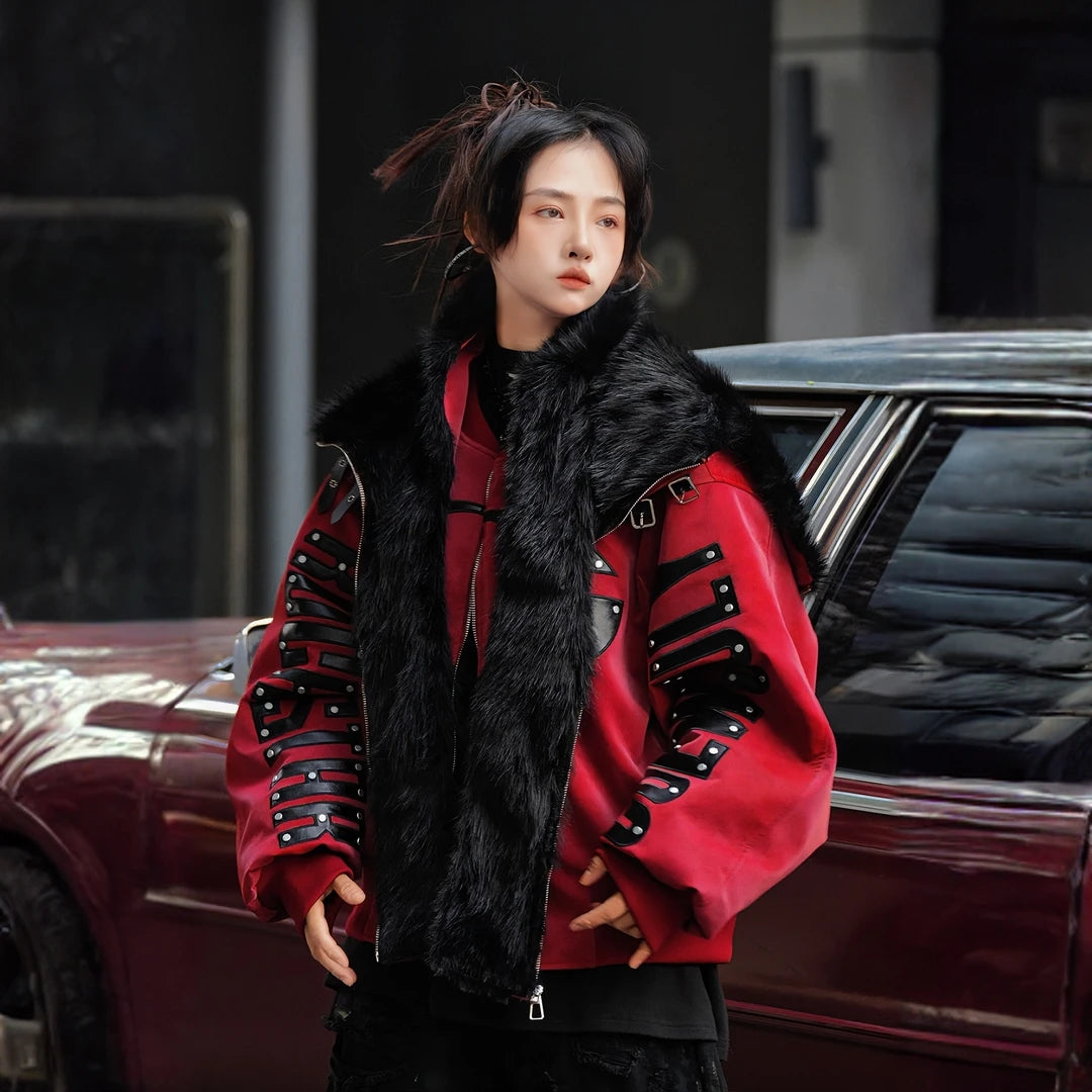 Sanhoostudio reversible flight jacket from the Akagi series featuring hooded design, mountain eagle motif, and a thickened warm structure. Designed with a relaxed fit for unisex winter streetwear.