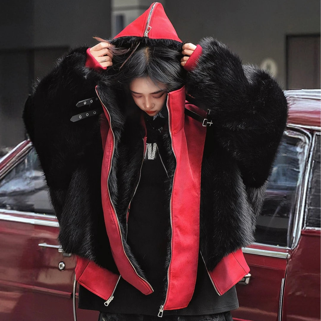 Sanhoostudio reversible flight jacket from the Akagi series featuring hooded design, mountain eagle motif, and a thickened warm structure. Designed with a relaxed fit for unisex winter streetwear.