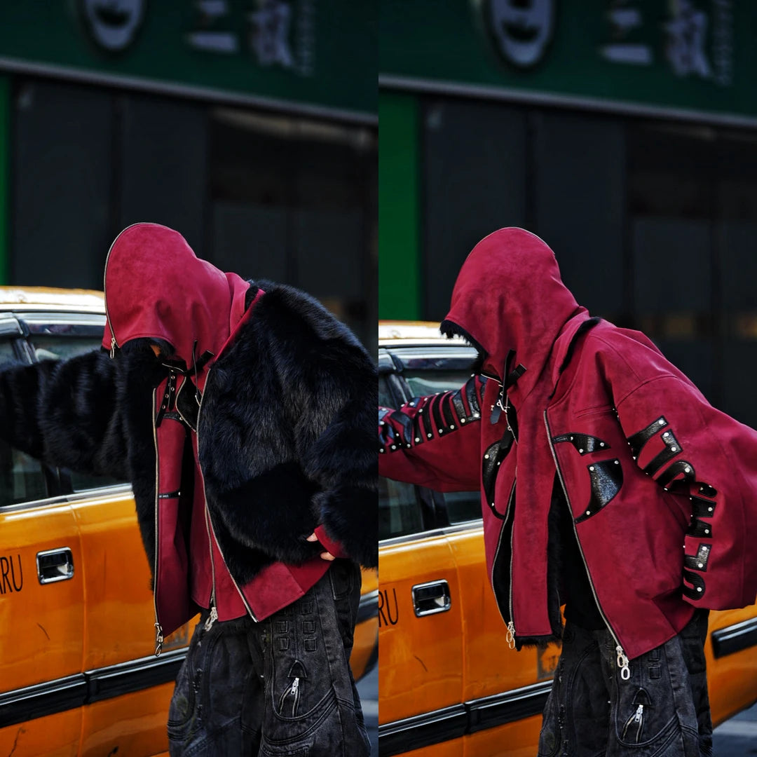 Sanhoostudio reversible flight jacket from the Akagi series featuring hooded design, mountain eagle motif, and a thickened warm structure. Designed with a relaxed fit for unisex winter streetwear.