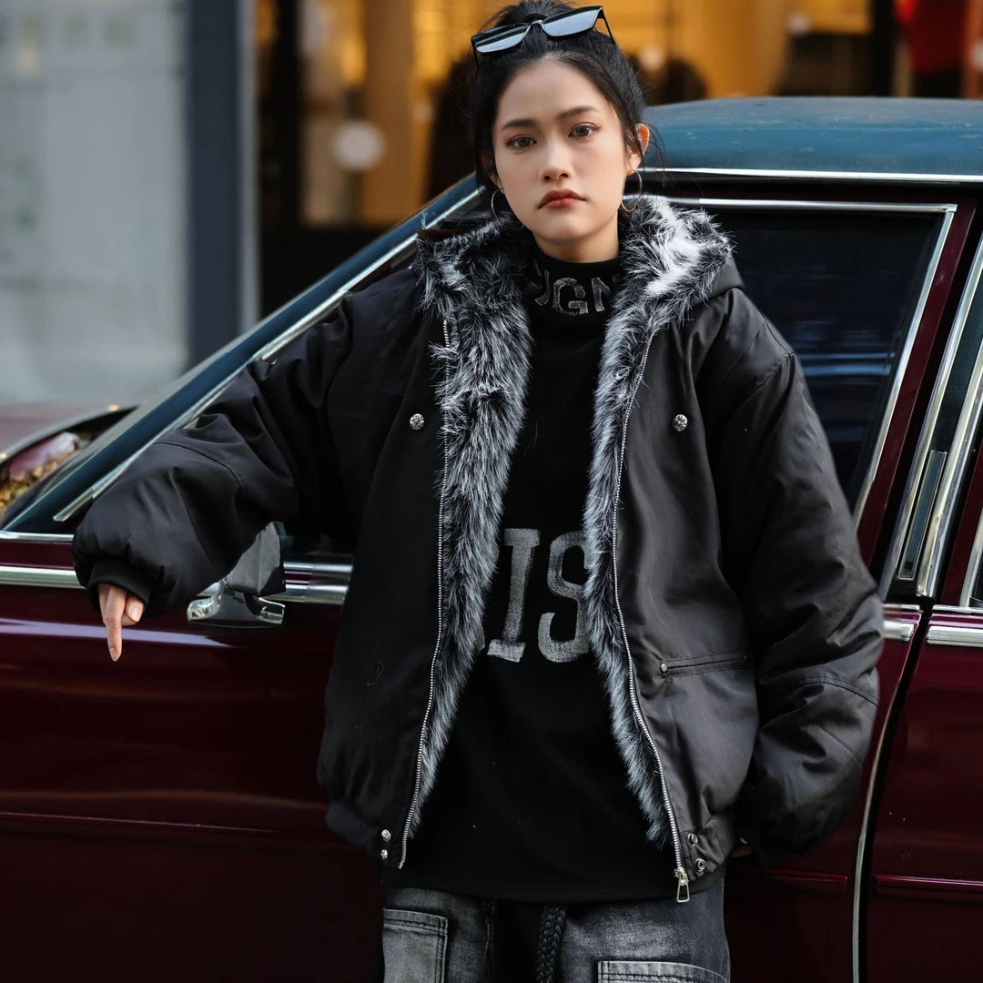 Sanhoostudio padded jacket featuring a hooded design, distressed raw-edge details, and a loose workwear silhouette. Built for winter warmth with versatile streetwear styling.