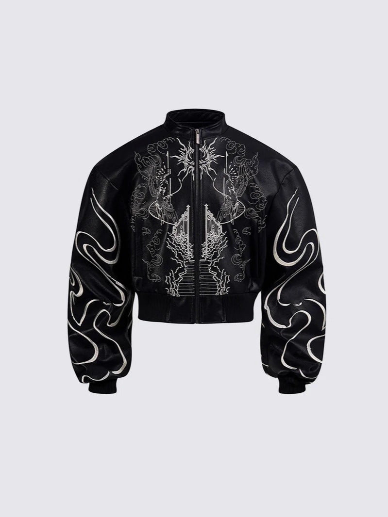 Sanhoostudio short biker jacket featuring gothic-inspired embroidery and a stand collar design. A bold unisex outerwear piece blending biker aesthetics with high street style.